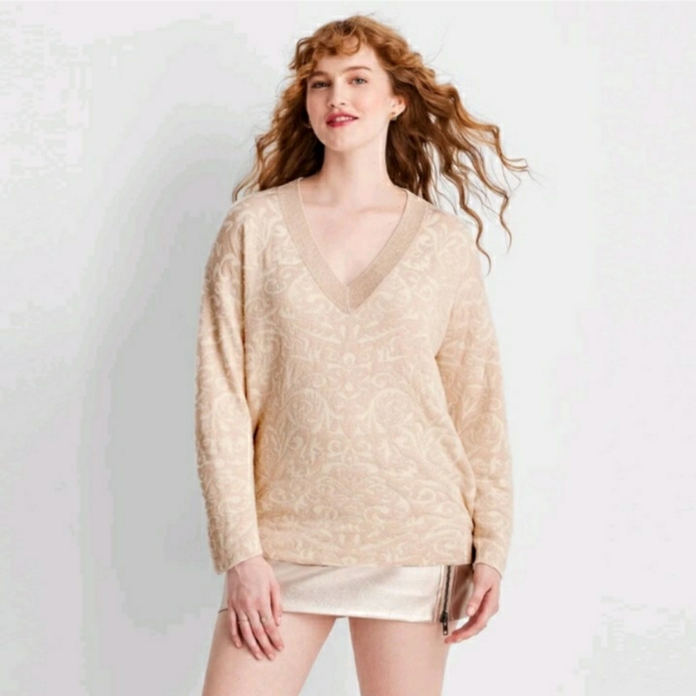 Women's V-Neck Brocade Sweater - Future Collective Cream Size 2X